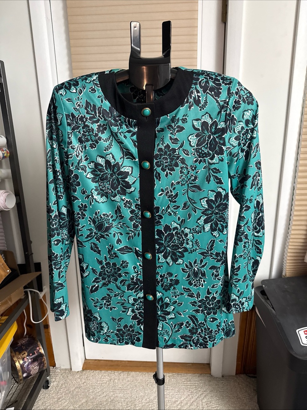 Vintage Blair Teal & black Floral Button-Front Blouse Jacket button up 80s 90s